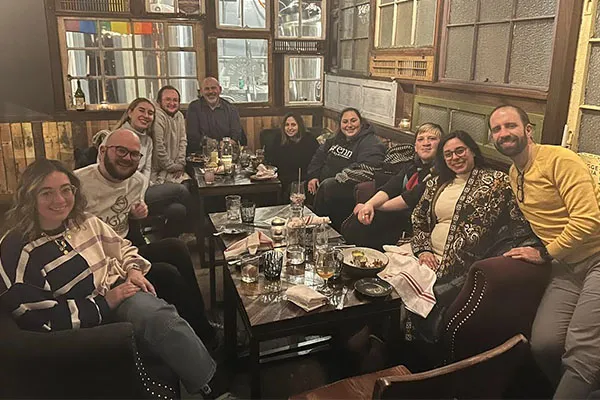 Torah study group gathering at a restaurant